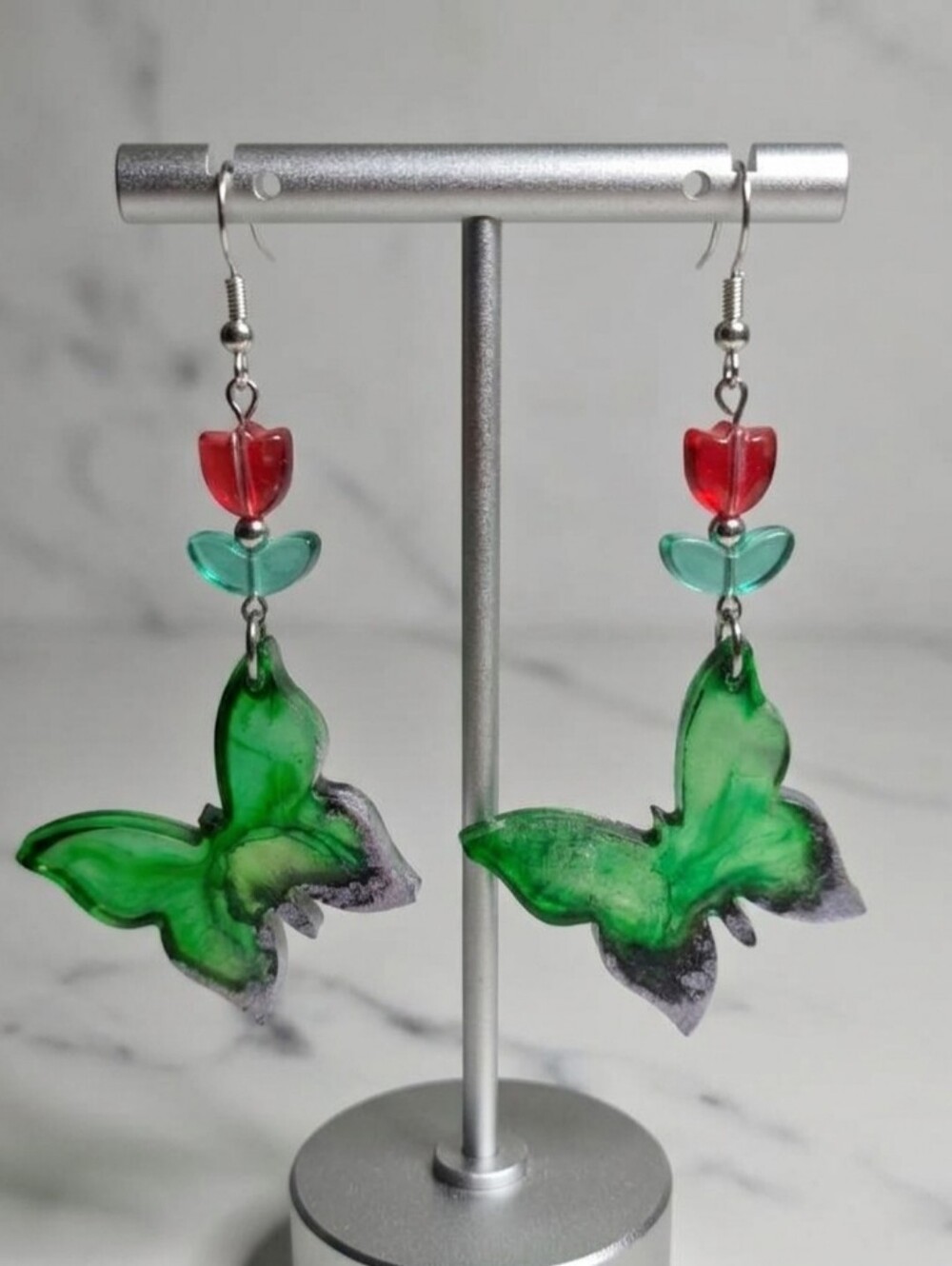 Green & Silver Resin Butterfly Statement Earrings - Hypoallergenic